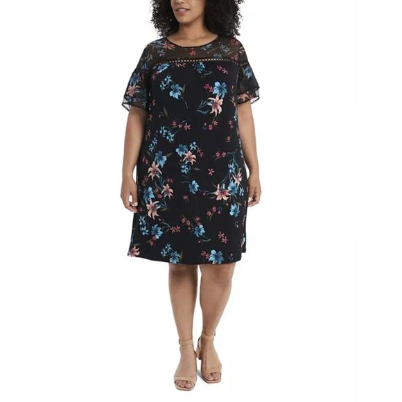 CeCe Expressive Lillies Ruffle Sleeve Mixed Media Black Floral Minidress Sz 1x - Picture 1 of 13